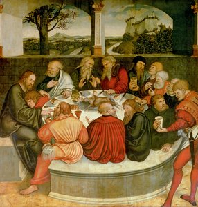Tríptico, painel esquerdo, Philipp Melanchthon faz um batismo assistido por Martin Luther; painel central, a Última Ceia com Lutero entre os Apóstolos; painel da direita, Lutero faz sua confissão; Lutero